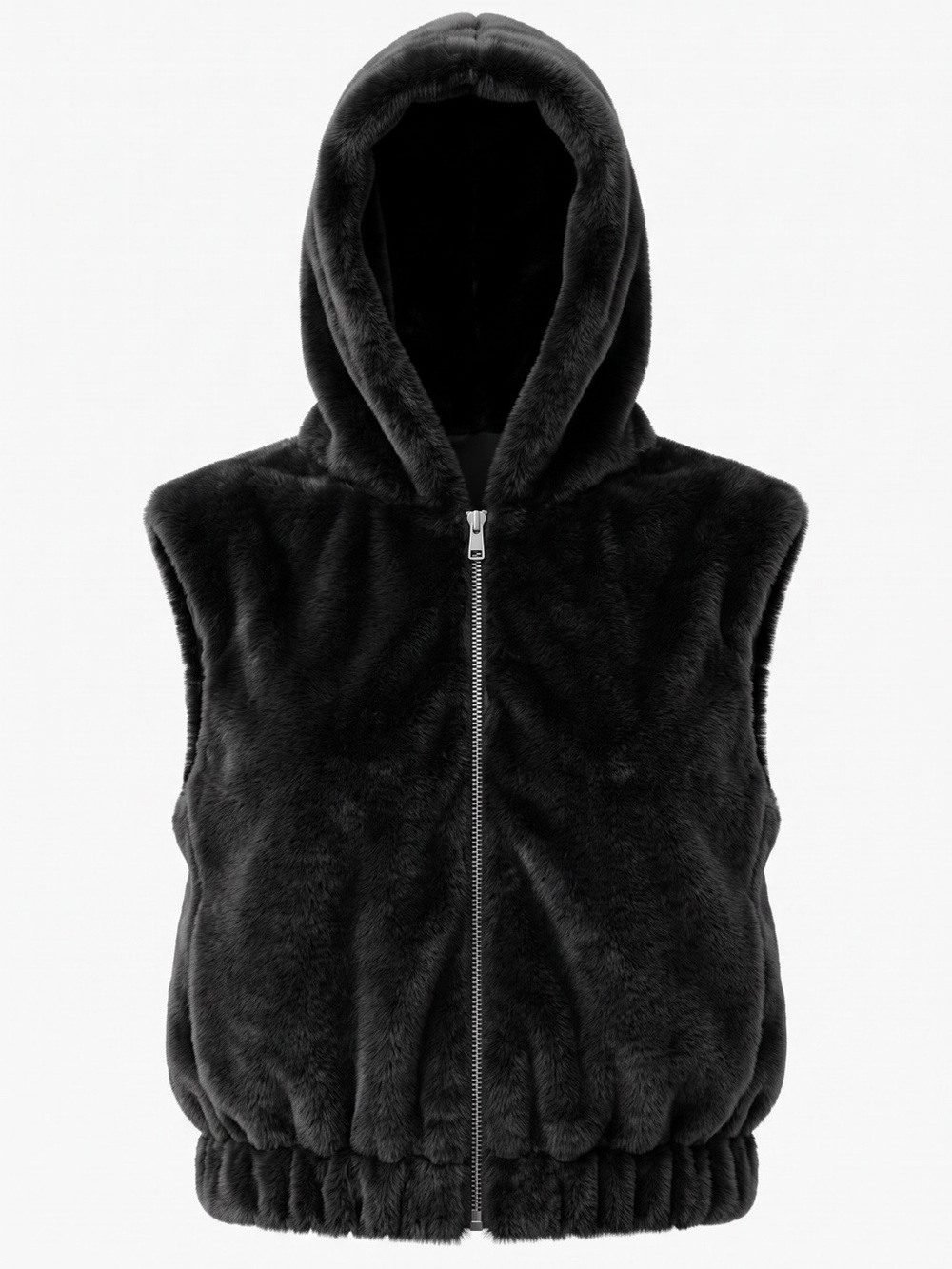 Love Tree Black Faux Fur Hooded Vest Zip Up Cozy Lined - Size Large
